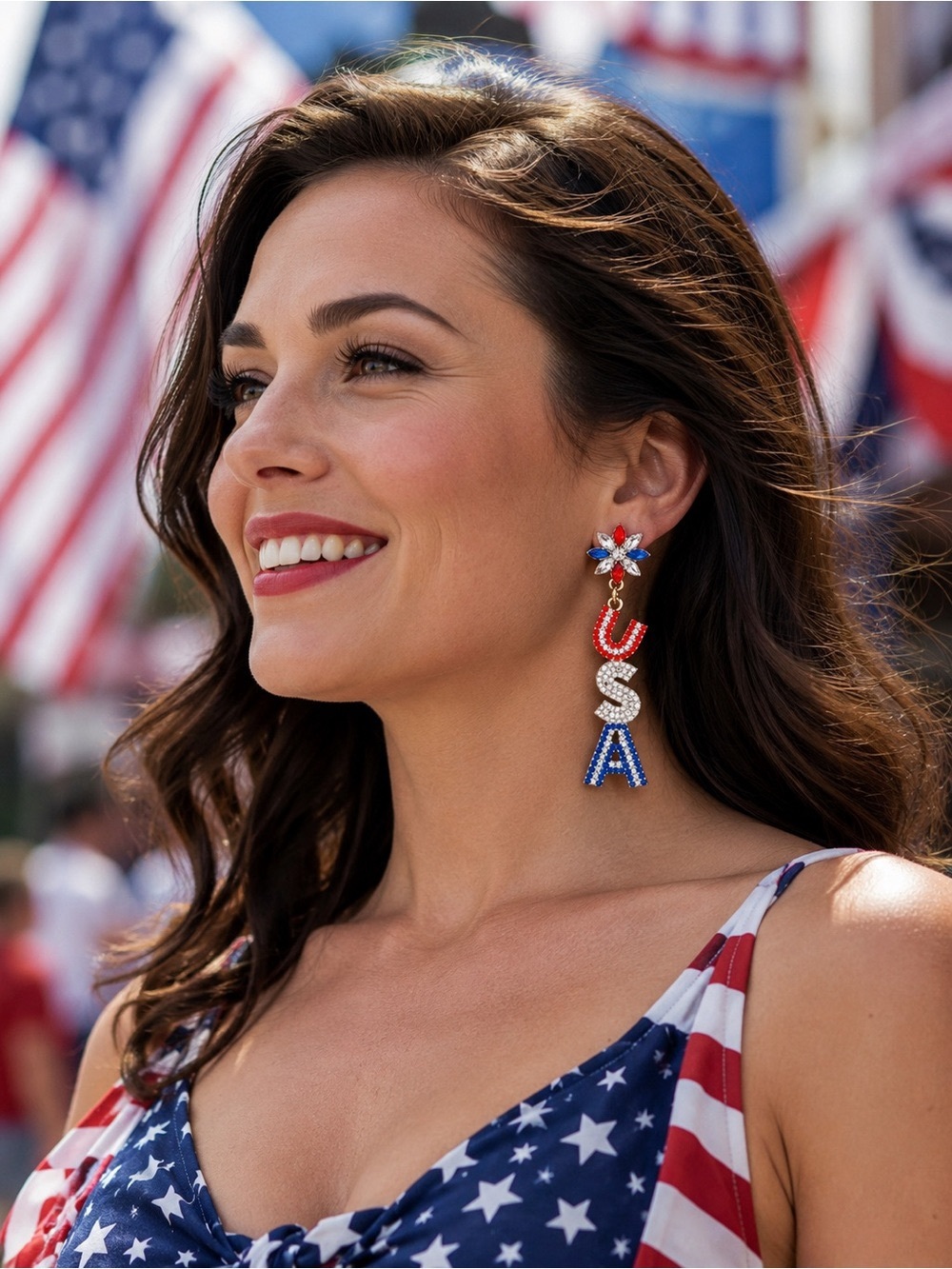 Patriotic USA Rhinestone Beaded Dangle Earrings Red White Blue July 4th NWT